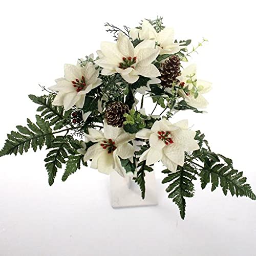 FSUK 40cm Large Ivory Poinsettia Bunch - Cones Foliage Glitter - Artificial Christmas Xmas