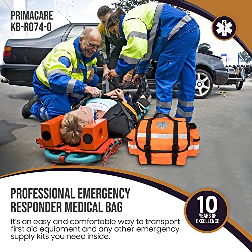 Image of Primacare KB-RO74-O First Responder Trauma Bag, 17 inch x 9 inch x 7 inch, Orange - EMT /EMS Medical Supply Organizer with Padded Dividers, Multiple Compartments, Side Pockets, Reflective Strip, Durable Design