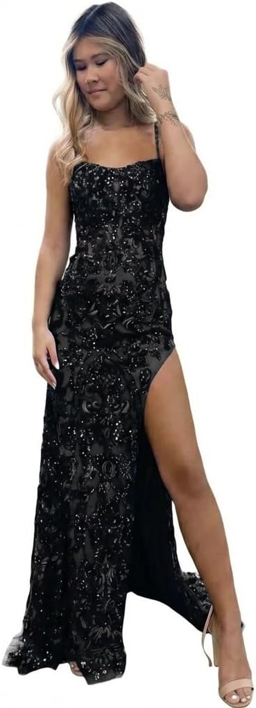 Sparkly Sequin Mermaid Prom Dress for Women Square Neck Long Formal Evening Gown with Slit Open Back