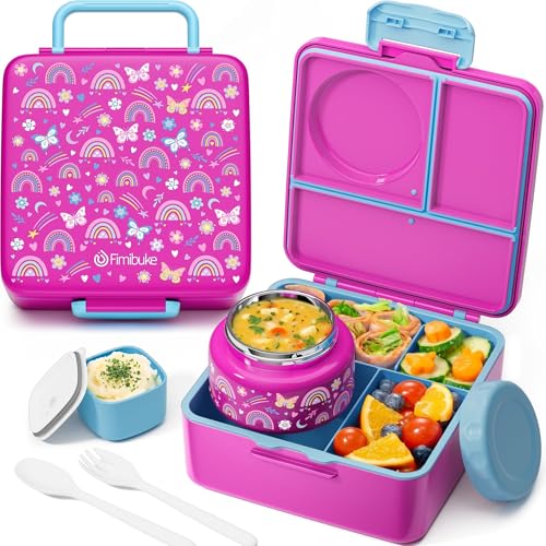 Fimibuke Bento Lunch Box with Leak Proof 8oz Soup Thermos, 60oz Lunch Container with Insulated Food Jar, 3-4 Compartments, Sauce Jar & Utensils for Kids Adult Teens Toddlers, BPA-Free, Dishwasher Safe