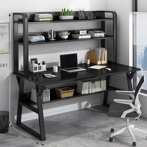 GERRBG 収納スペース付き 学習机 組み立て式デスク 省スペース卓 コンパクト学習机 組み立て簡単 大容量 広い収納 大型デスクトップ 安定性と耐久性 家庭用 勉強机スーツ 学校机 パソコン机 (椅子は付属しません) (ブラック,140*60*147c