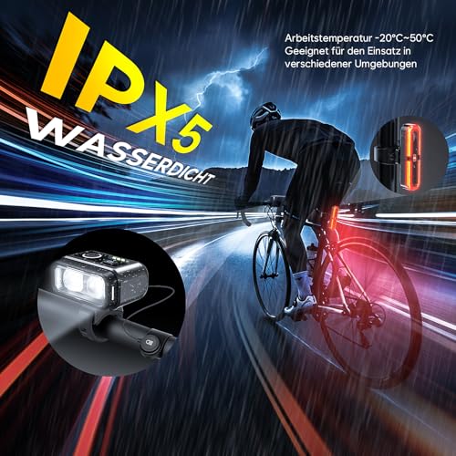 Fahrradlicht Set 100LUX, Fahrradrücklicht Mit Bremsfernlichtfunktion, Aufladbar Fahrradlampe mit 3200mAh Akku, StVZO zugelassen, IPX5 Wasserdicht Frontlicht & Rücklicht Set für Fahrrad MTB Ebike