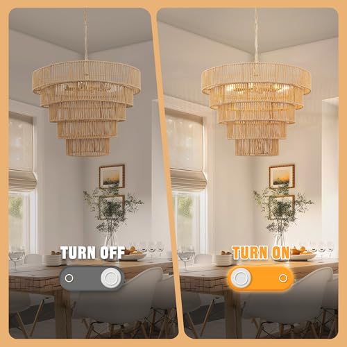 DORESshop 8-Light Boho Rattan Chandelier for Dining Room, 5-Tier Hand-Woven Brown Farmhouse Chandelier, Adjustable Height, Wicker Rattan Chandelier for Dining Room, Kitchen Island, Living Room, 25.6