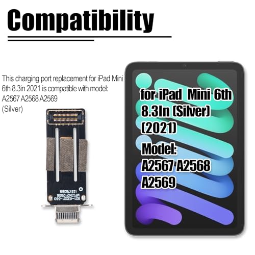 Image of Charging Port Replacement for iPad mini 6th Gen 8.3in 2021 Charger Port Flex Cable for iPad mini 2021 Dock Connector Module Replacement Compatible with: A2567 A2568 A2569 (Silver)