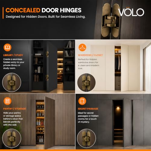 Image of VOLO Heavy-Duty Concealed Hinges - Hidden Door Hinges for Wooden & Flush Doors, Matt Black Finish | Pack of 2 Pieces | (6 Inch | Antique)
