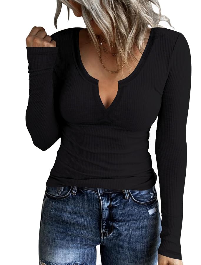 AKEWEIWomen's Soft V Neck Ribbed Knit Shirts Basic Long Sleeve Tops Comfortable Long Sleeve Shirts Tunic Blouse Clothes