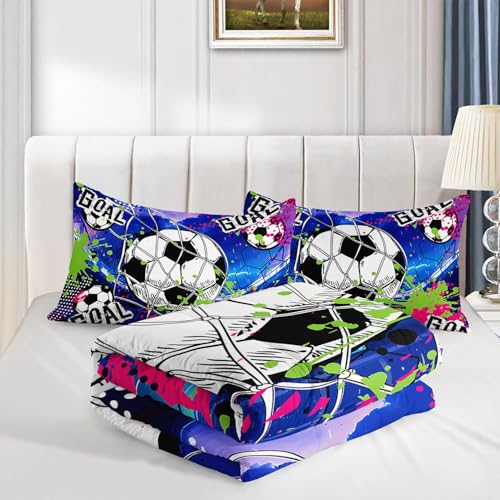 Image of Soccer Comforter Set Sport Themed Graffiti Printed Bedding Set with 1 Comforter and 2 Pillowcases for Boys and Girls Bedroom All Season(Soccer Queen)