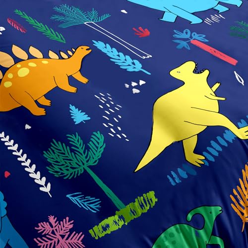 Decalsweet Dinosaur Duvet Cover Set for Boys,Dino Palm Leaf Bedding Set for Kids Children,Soft Breathable Quilt Cover with Pillowcase,Single(Blue),2 pcs - Image 3