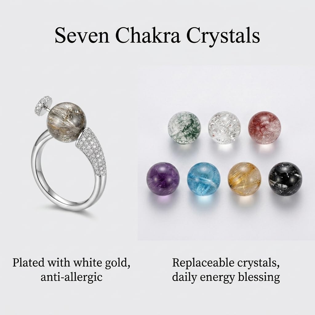 adjustable rings for women-7 interchangeable natural crystal | White Gold Plated, Healing Crystal ,Small Zircon Decoration, Rotatable ,Daily Wearing,Spinning Rings Stress Relief