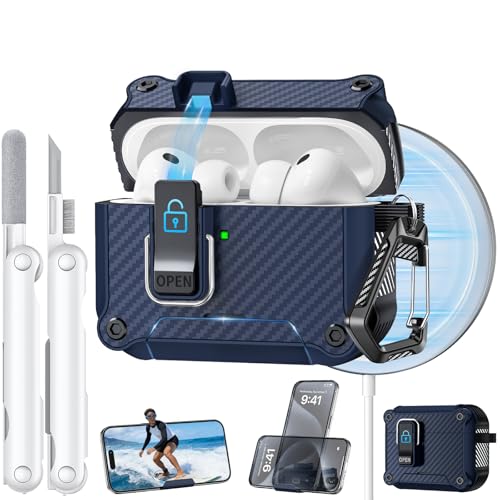 Image of Dual Safety Lock for AirPods Pro 3 Case 2025, Compatible with MagSafe - Designed with Automatic Switch and Phone Stand, Includes a Cleaner & Keychain - Rugged Tough Hard Shell