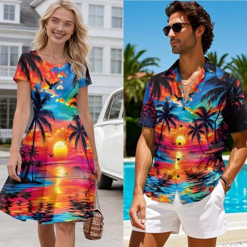 Image of AFPANQZ Couple Matching Outfit Casual Men's Button Down Shirt or Short Sleeve Summer Sundresses Dresses for Women 2026