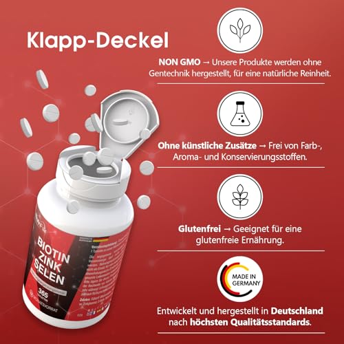 Biotin + Zink + Selen - 365 Tabletten - Haut, Haare & Nägel - Hochdosiert - 100% Vegan – Deutsche Produktion & Laborprüfung - NutriFair | Premium & Fair