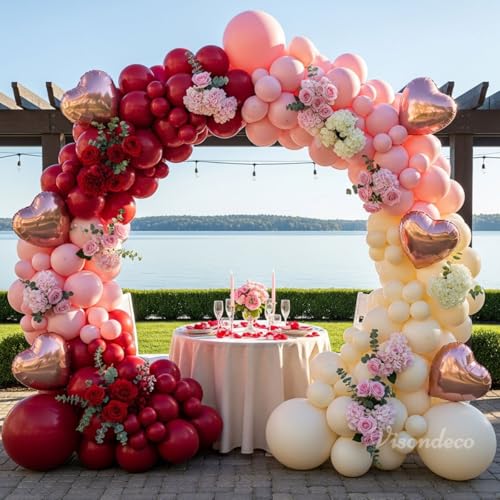 Image of Burgundy Pink Balloon Arch Kit Birthday Decorations, 131 Balloons | 6 Rose Gold Foil Hearts, 5 /12 /18 in Latex, Valentine's Day, Mother's Day, Baby Shower, Proposals, Weddings
