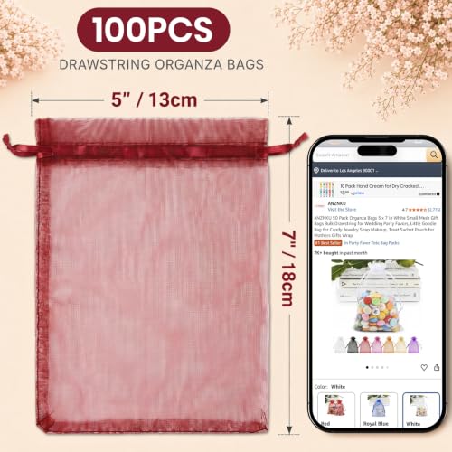 Image of ANZNKU 100 PCS Organza Bags 5 x 7, Burgundy Small Mesh Gift Bags Drawstring