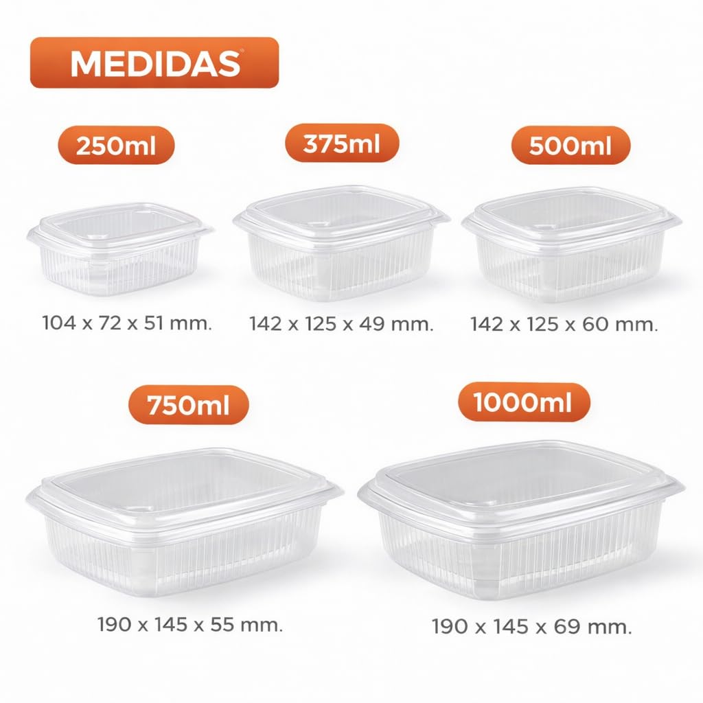 Envases comida para llevar 1000ml, pack de 100 unidades, tapa transparente, recipientes plástico PP desechables para hostelería, restauración y delivery, comida caliente y fría, apto para microondas