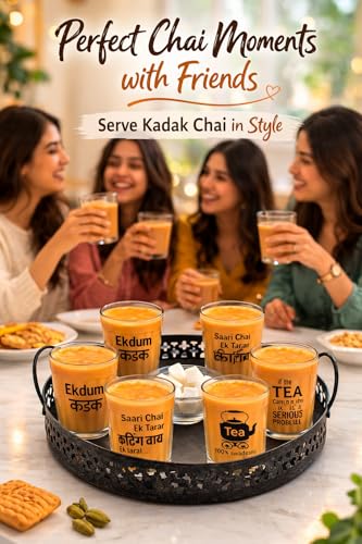 Image of Set of 6 Cutting Chai Glasses with Metal Stand Tray, Tea Glass Set of 6 with Stand and 1 Bowl, Tea Glass Holder Carrier (Wrought Iron), 120 Ml