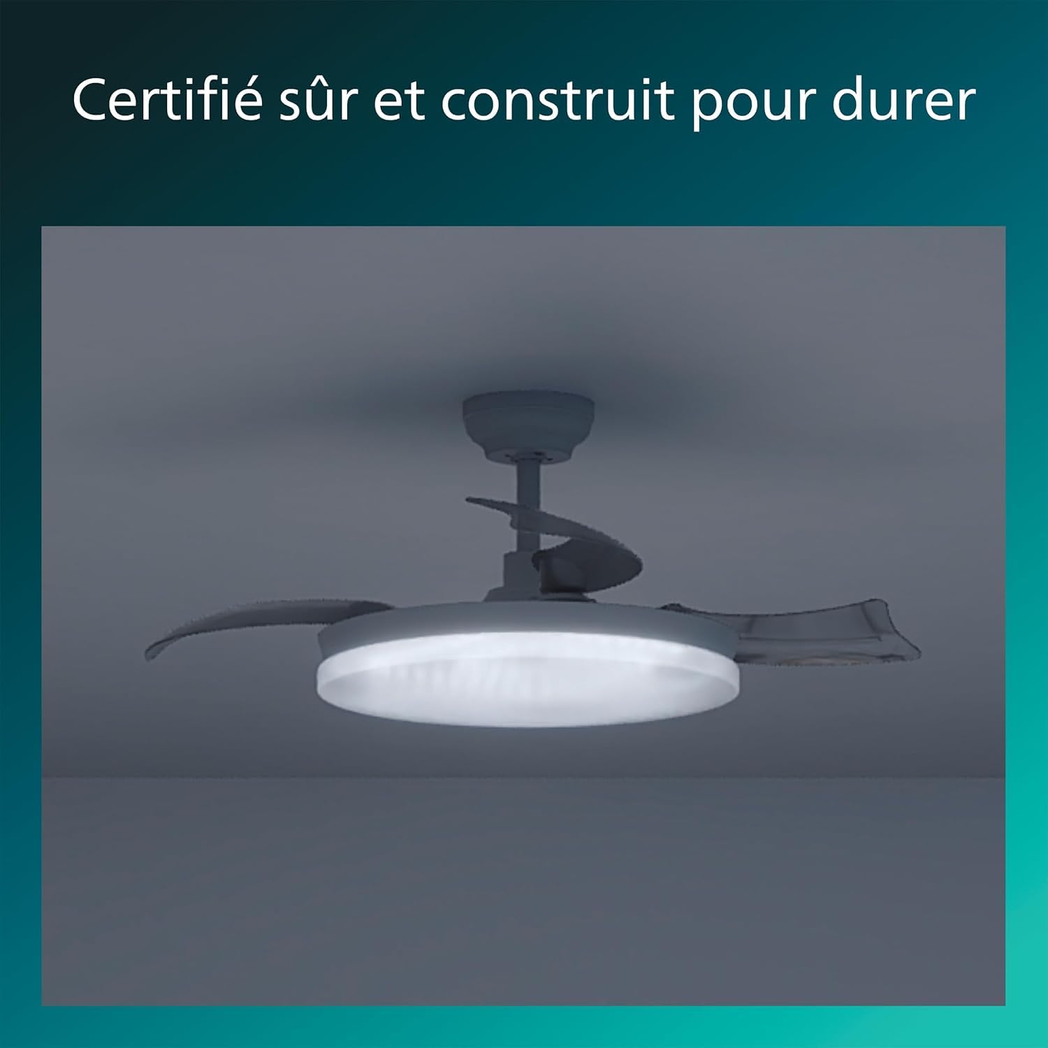 PHILIPS Solr Ventilateur à Pales Rétractables avec LED, 3 Pales, Envergure 106 cm, 4500 Lumens, 3 Nuances de Lumière Blanche (2700 K/4000 K/5500 K), Gradation jusqu'à 10%, avec Télécommande, Blanc