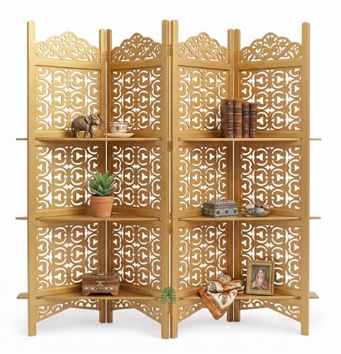 Image of Wooden Room Divider 6 Feet, 4-Panel Folding Wooden Partition for Living Room, Office, Pooja Room, Restaurant, Kitchen & Balcony (2W x 1.82H Meters). (Golden Lattice Pattern)