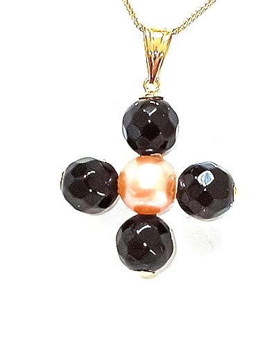 Modern Teenager Birthday Cross pendant for girl HANDMADE Designer 18k Gift for Teen Akoya Natural Pearl ONYX ONEOFAKIND Christian Crucifix SOLID