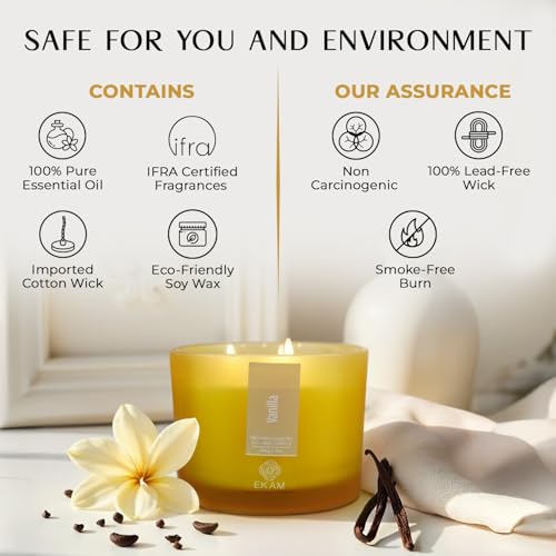 Image of EKAM 3 Wick Soy Wax Scented Candle | Vanilla Fragrance | 35 Hr Burn | Long Lasting Premium Jar Candle for Home Decor, Relaxation & Gifting