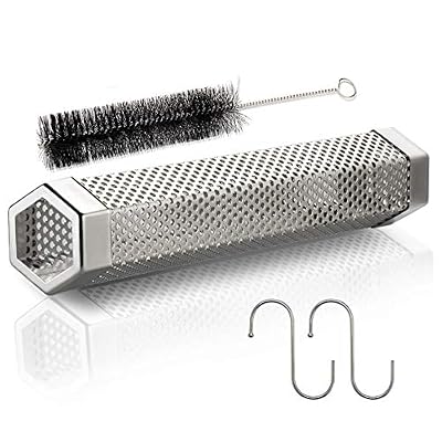 AYZA,Pellet Smoker Tube -12inchStainless Steel BBQ Wood Pellet for ColdHot Smoking,Works with All Grill or Smokers,Ideal Smoking Cheese,Fish,Beef,Nuts,with 2 S Shape Hooks,1 Cleaning Brush