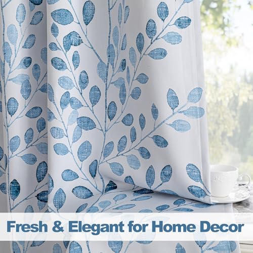 Image of MYSKY HOME Blue Leaf Curtains 63 Inch Length for Bedroom Grommet 2 Panels | Privacy Protection Room Darkening Thermal Insulated Printed Window Drapes for Kitchen Small Window, Each Panel 52 inch W
