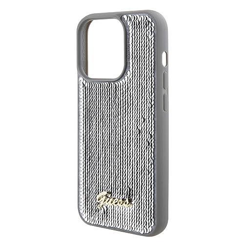 CG MOBILE Guess Coque à Paillettes avec Logo Guess en métal pour iPhone 15 Promax Argenté