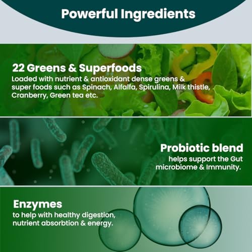 Image of Rooted Active's Super Green Tablets for Men & Women | Comprehensive Daily Supplement with 22+ Vital Greens, 1 Billion Probiotics, 5 Enzymes | Supports Gut Health, Energy, Immunity | 60 Tablets