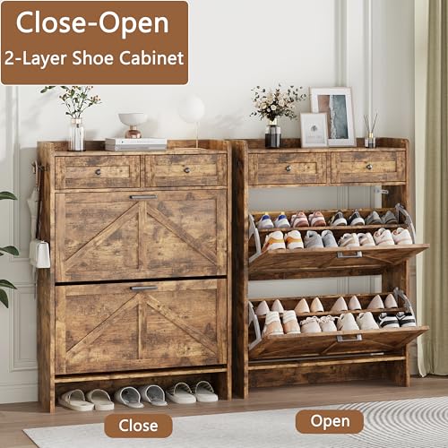 Image of Shoe Cabinet with 2 Flip Drawers & 2 Top Drawers, 43 inch Tall Freestanding Narrow Wooden Shoe Storage Organizer for Entryway, Hidden Slim Shoe Rack for Front Door Entrance, Hallway, Living Room, Brown