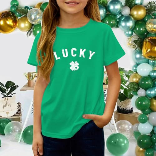 Fkatuzi Cute Lucky Girls St Patricks Day Shirt Four Leaf Clover T Shirt Green Kids Graphic Tee Cotton Short Sleeve Tops(Green, 130)3