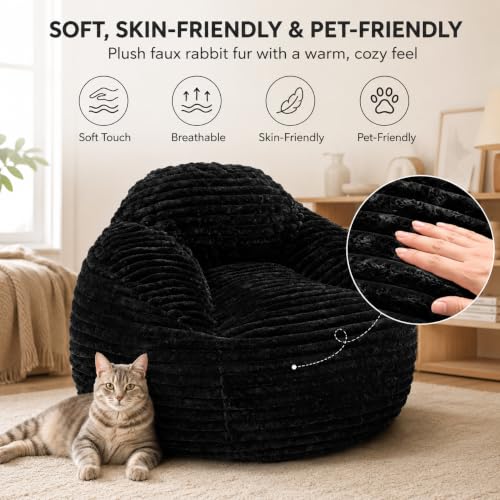 Image of Simple Deluxe 3.25 ft Faux Fur Memory Foam Bean Bag Chair, Large Comfy Lazy Chair for Adult with Washable Cover, Perfect for Reading Gaming in Living Room Bedroom, Black