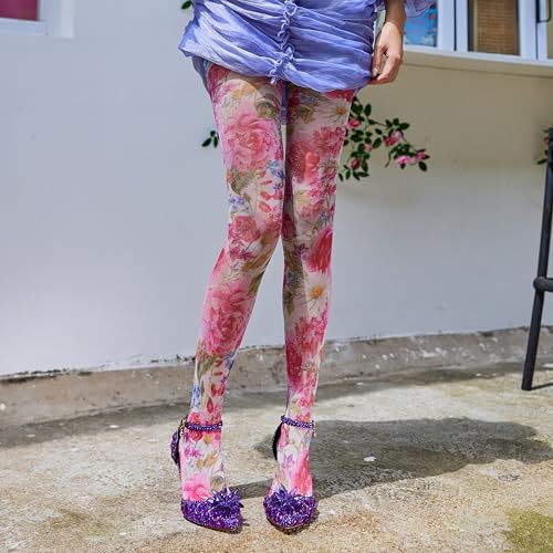 Image of Sahabowi Women's Sheer Fashion Digital Print Fashions Stockings Metallic Silver Tights 1