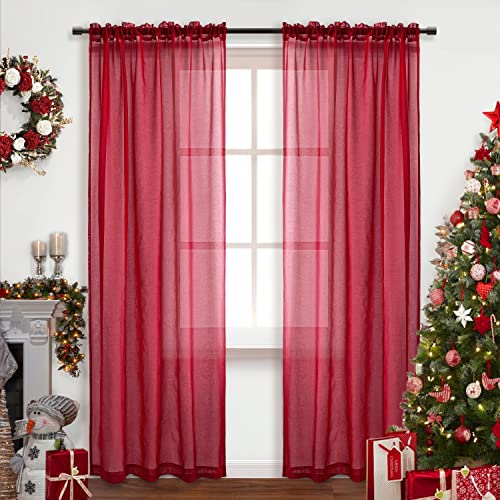 XTMYI Red Sheer Curtains 84 Inches Long, Romantic Transparent Valentines Day Voile Curtains for Bedroom, Dark Red