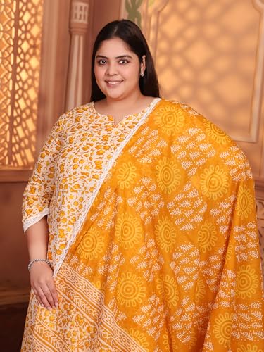 Image of MEERA FAB Women's Pure Cotton Printed Anarkali Kurta with Palazzos & Dupatta