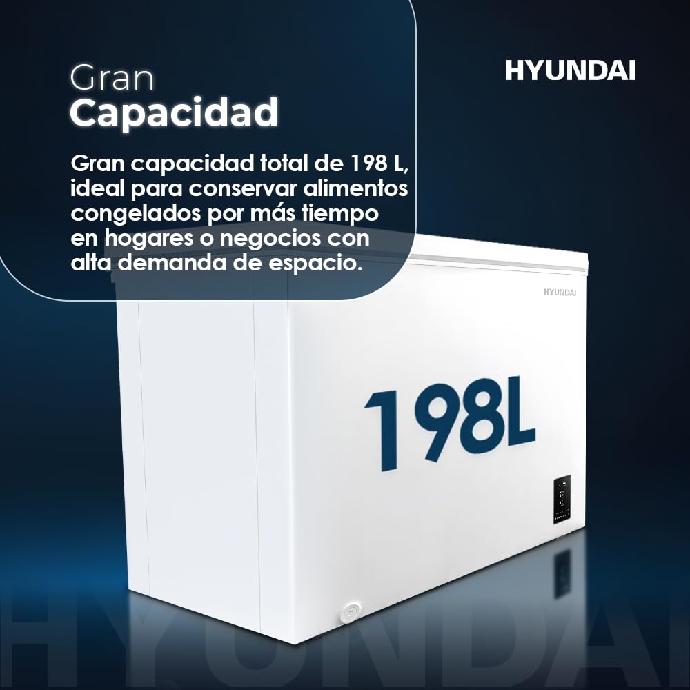 Hyundai Congelador Horizontal Blanco HCH200EDW00. Capacidad 198 Litros, Dual Cooling, 4 Star, Puerta Única Dirección, Modo Super Congelación, Tecnología Inverter, Puerta Abatible, 1 Cesta, 37dB, Clase