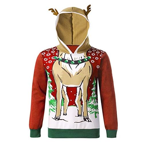 Somthron Kersttrui met capuchon, uniseks, kersttrui met rendierprint