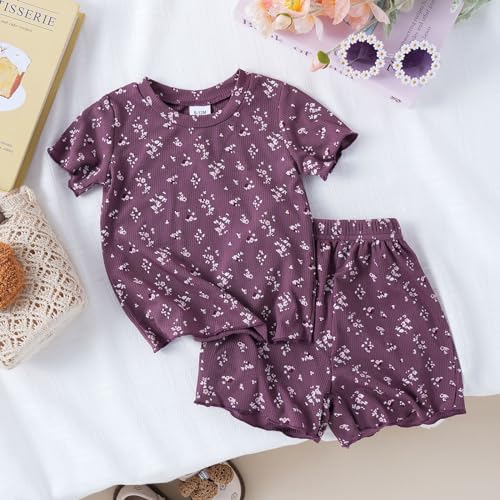 Kids Baby Girls Ruffle Floral 𝗣ajamas Toddler Clothes Set Newborn Ribbed Knit Short Sleeve Cotton 𝐒leepwear Outfit4