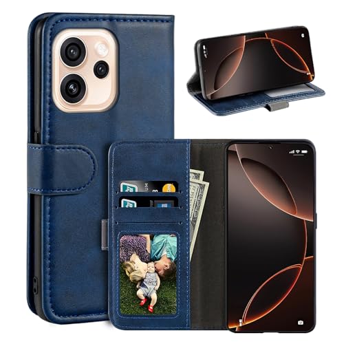 UOGNADGD Leather Flip Cover Compatible with Oppo Reno 15 Pro 5G PLV110 Wallet Case with Card Slots, Magnetic Closure, Stand Function, RFID Shockproof Folio (Blue)