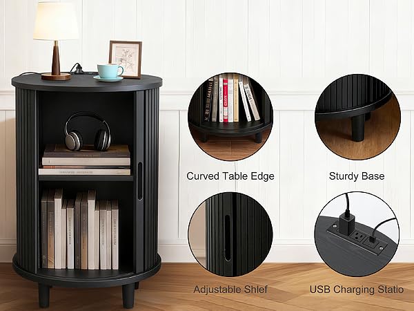 Image of DHH End Table Set of 2 with Storage & Charging Station, Fluted Accent Side Table with Sliding Door & Adjustable Shelf, Mid-Century Nightstand for Small Spaces, Living Room, Bedroom(2,Black)