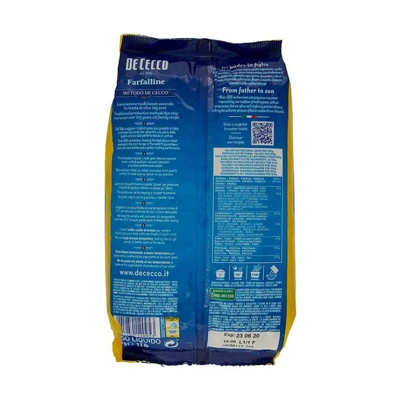 Lot de 20 pâtes de Cecco 100 % italiennes Farfalline n° 95 500 g
