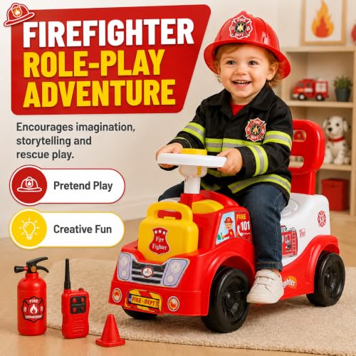 Image of Fire Fighter Ride On Toy for Kids 2-5 Years with LED Lights, Fire Truck Siren, Front & Rear Storage, Foot to Floor Ride On Car with Comfortable Backrest, Ride On Car for Boys & Girls