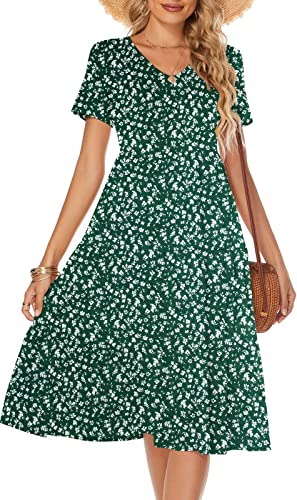 Image of Berydress Women's Casual Summer Tiered Midi Dress 2026 V Neck Boho Sundress | Short Sleeve Dresses for Women, Loose Ruffle Babydoll Style, Cotton Blend Fabric, for Church, Going Out, Beach Vacation