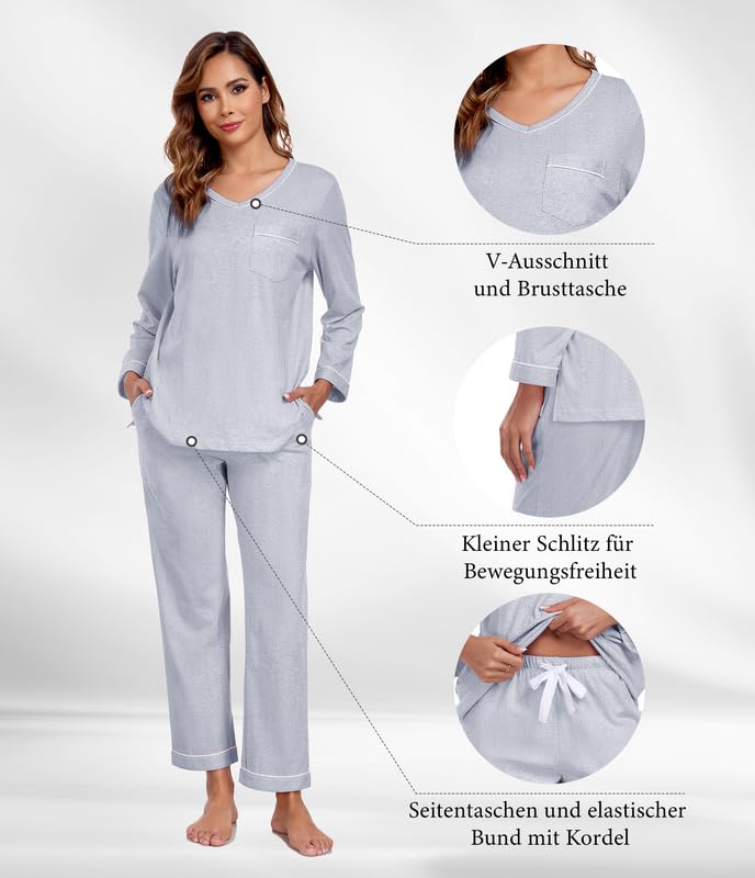 COLORFULLEAF Pijama para mujer 100% algodón largo pijama conjunto dos piezas otoño invierno pijamas manga larga traje de casa, gris, L