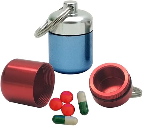 Miniatura 3 de Paquete de 2 pastilleros de aluminio para llavero de bolsillo para monedas, pastillero de viaje (azul y rojo)