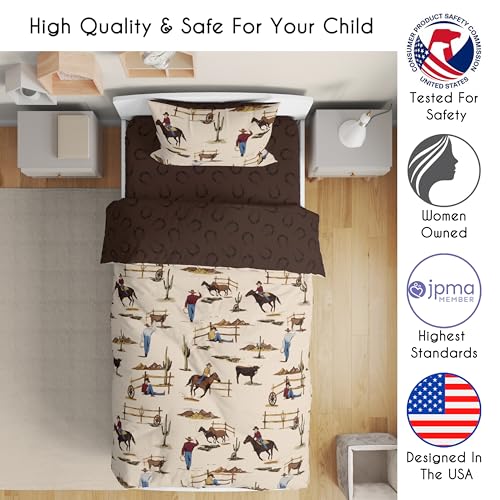 Image of Sweet Jojo Designs Brown Western Cowboy Boy Toddler Bedding Set Kids Children 5p Bed in a Bag with Comforter Blanket Pillowcase Sham Sheets Wild West Horseshoe Horse Cow Animal Desert Tan Red and Blue
