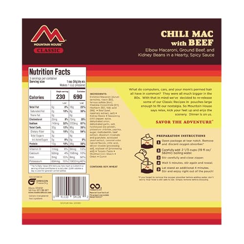 Mountain House Classic Chili Mac with Beef Freeze-Dried Food for Camping, 12 Servings, 30-Year Shelf-Life