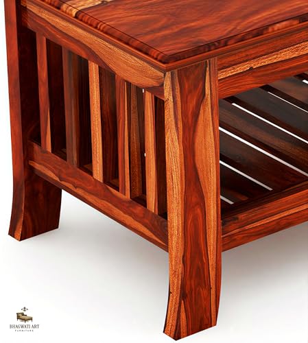 Image of Solid Sheesham Wood Coffee Table for Living Room | Wooden Rectangle Coffee /Tea Table with Storage |Center Table with Storage Teapoye for Home, Living Room, Balcony (Honey Finish)