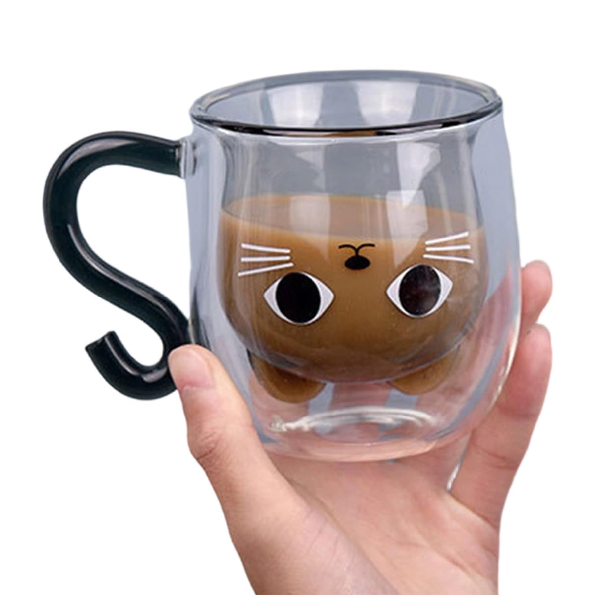 CTRLZS Glass Cup Double Wall Transparent Drinkware 250ml Home Handle for Hot and Cold Milk Tea Juice Coffee Mug with Cute Cat Design B