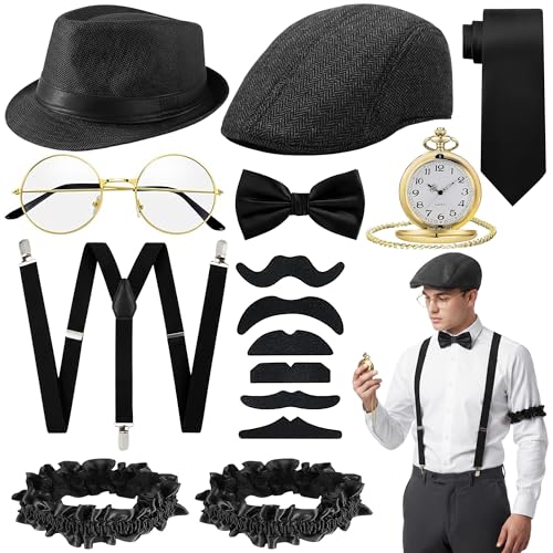 Fictoria Mens 1920s Gangster Costume Accessories Set 15 Pcs Gatsby Fancy Dress Kit with Fedora Hat Bow Tie Suspenders Pocket Watch Stick On Mustaches Roaring 20s Party Outfit for Adults