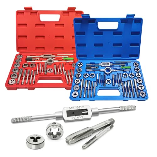 GMTOOLS 80pcs Tap and Die Set, SAE and Metric Tap Die Wrench Set, Metric Standard M3 to M12 Coarse Fine Rethreading Threads Bits for Cutting External and Internal Threads, NC, NF, NPT Repair Tools
